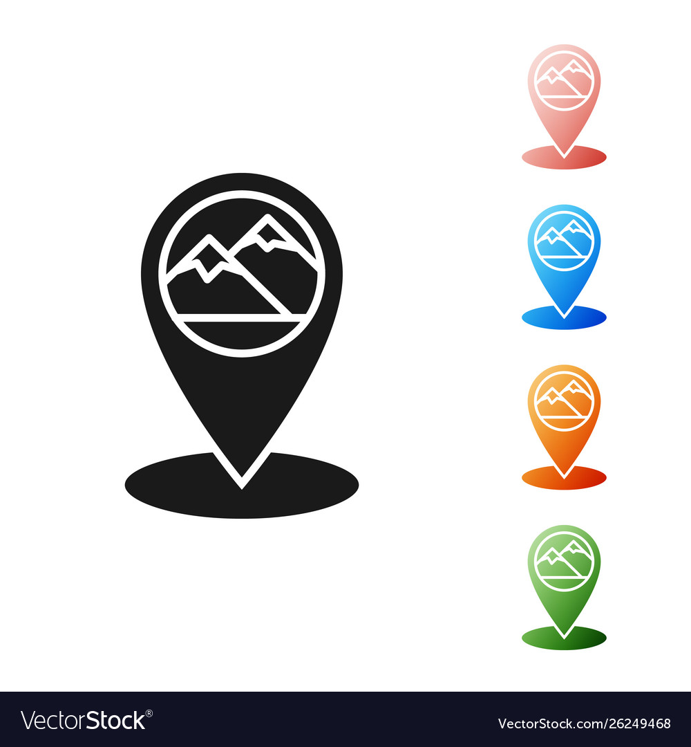 Black map pointer with mountain icon isolated