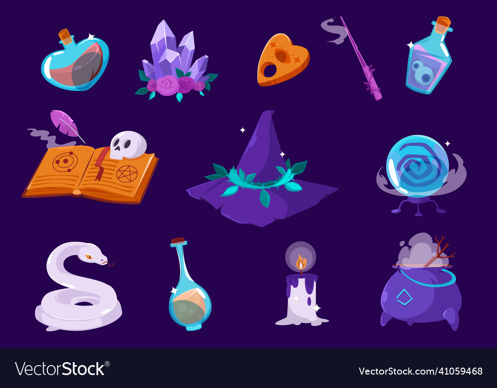 Cartoon magic items elements isolated icons set Vector Image