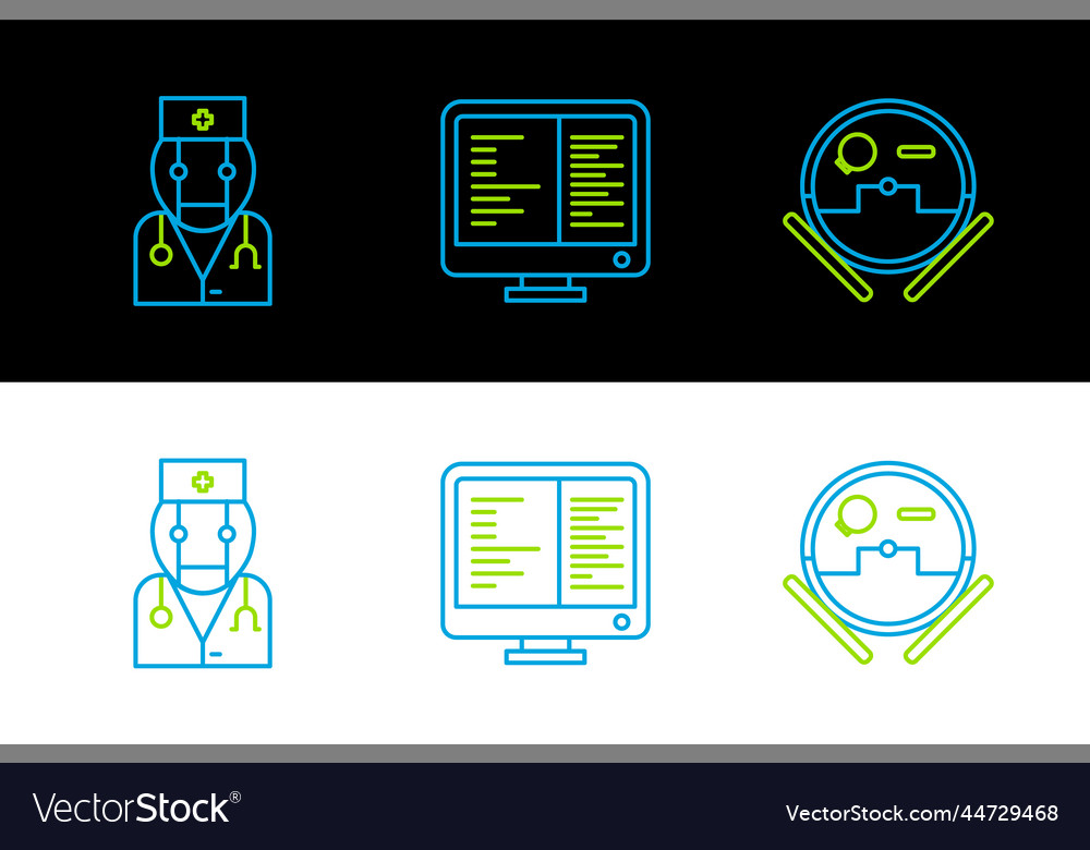 Set Line Roboter Staubsauger Arzt und Computer vector image Set Line Roboter Staubsauger Arzt und Computer
