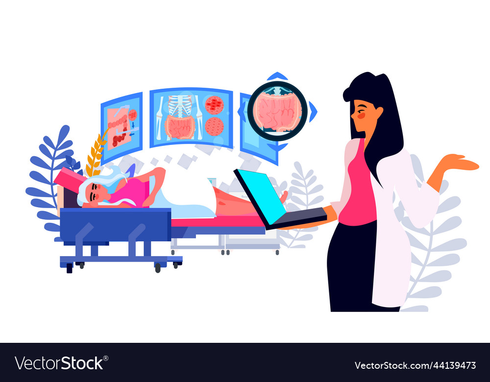 Arzt untersucht Magen-Röntgen des weiblichen Patienten vector image Arzt untersucht Magen-Röntgen des weiblichen Patienten