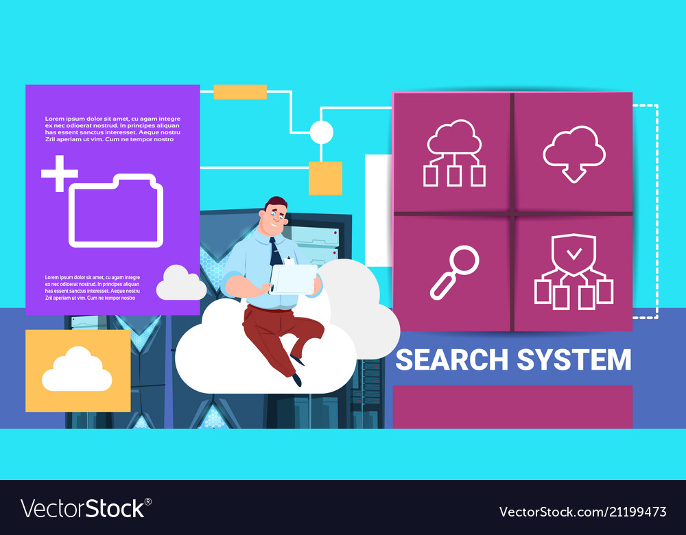 Man with tablet on data storage cloud vector image Man with tablet on data storage cloud