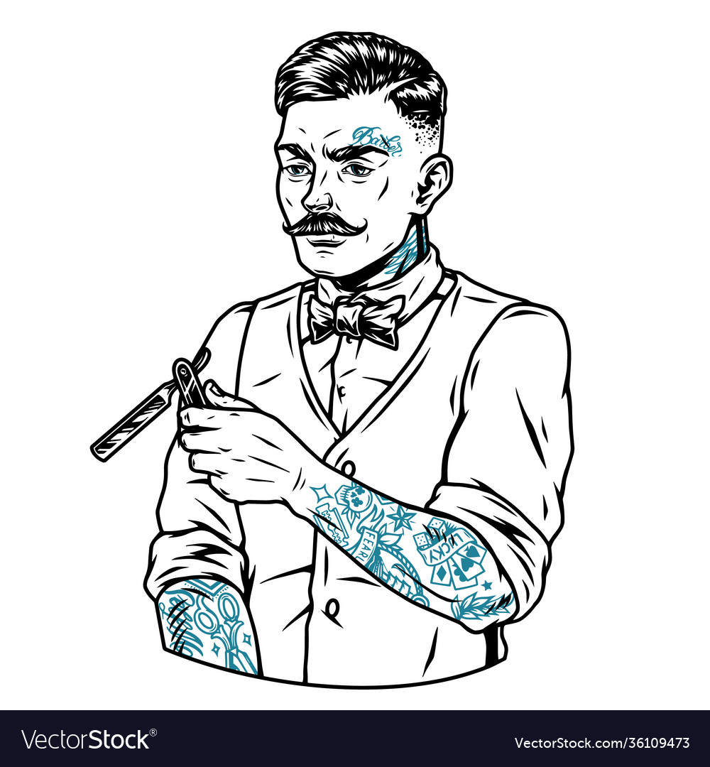 Tattooed mustached barber Royalty Free Vector Image