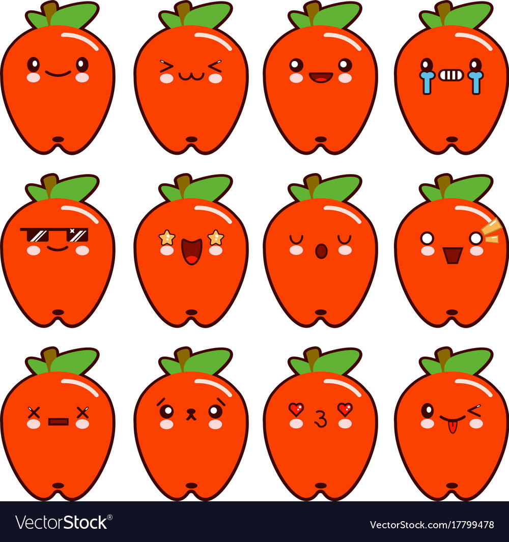 Apple character funny cartoon set with different