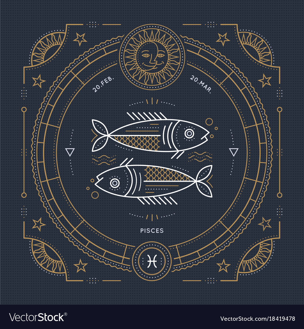 Retro Pisces Zodiac Line Art