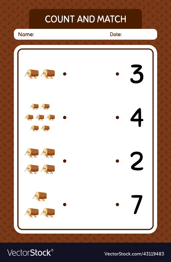Count and match game with bedug drum worksheet Vector Image Count and match game with bedug drum worksheet