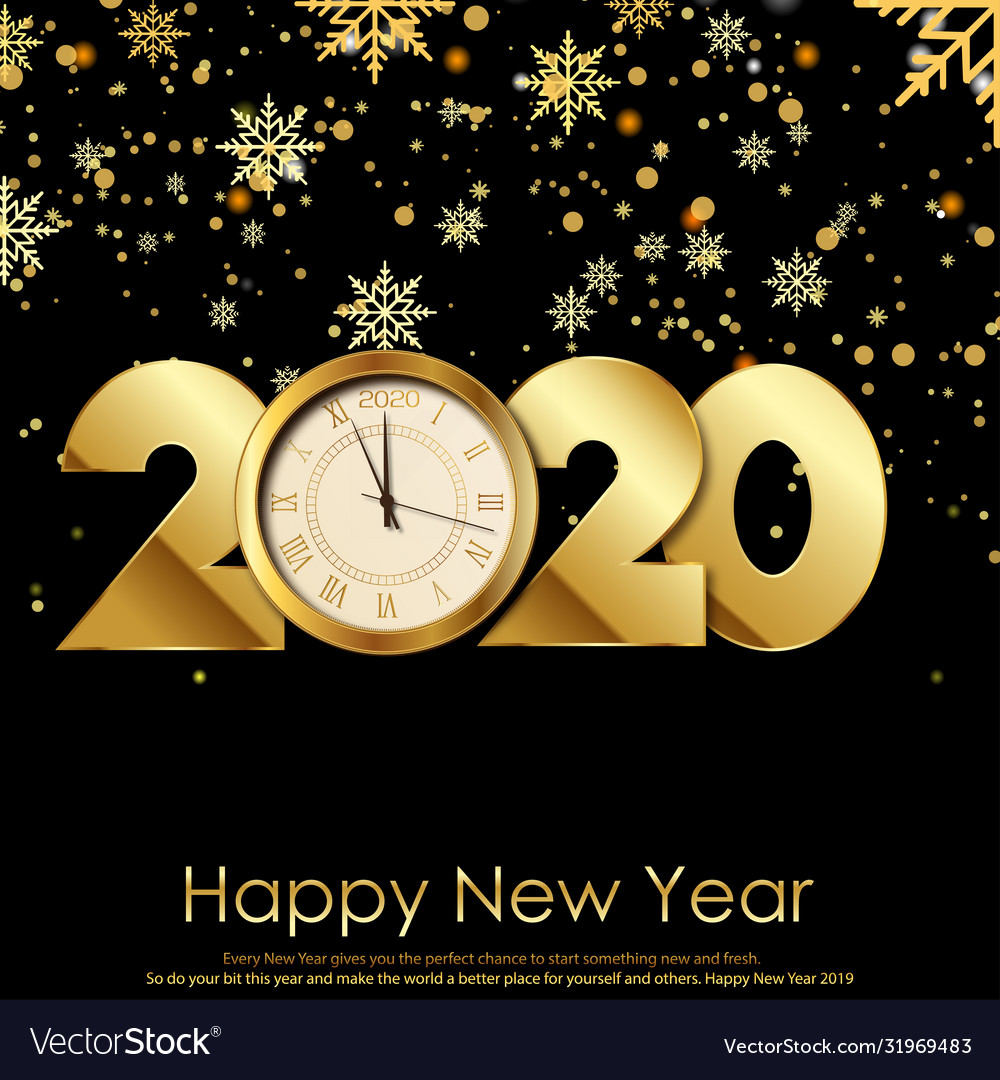 Frohes neues Jahr Karte mit Golduhr und Schneeflocken vector image Frohes neues Jahr Karte mit Golduhr und Schneeflocken