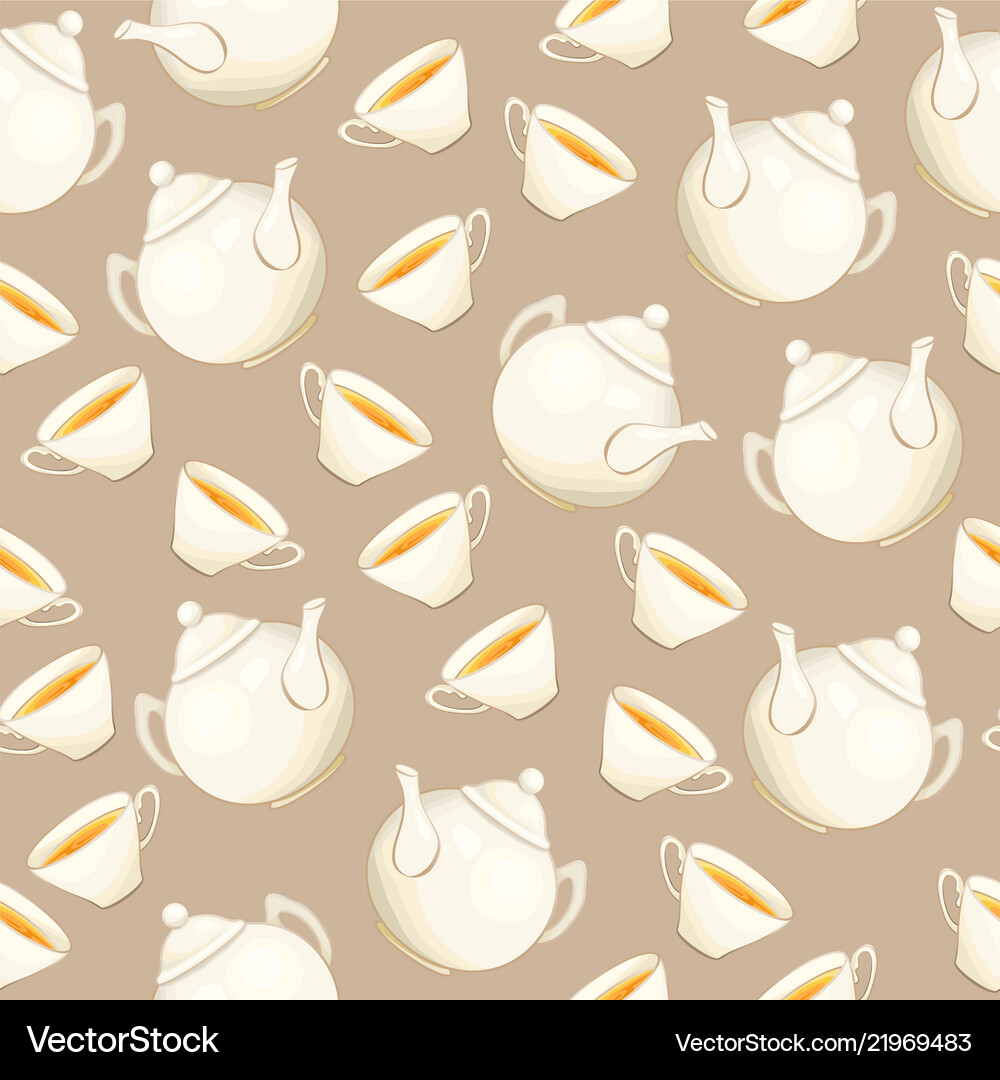 Porcelain teapot and tea cup seamless pattern flat