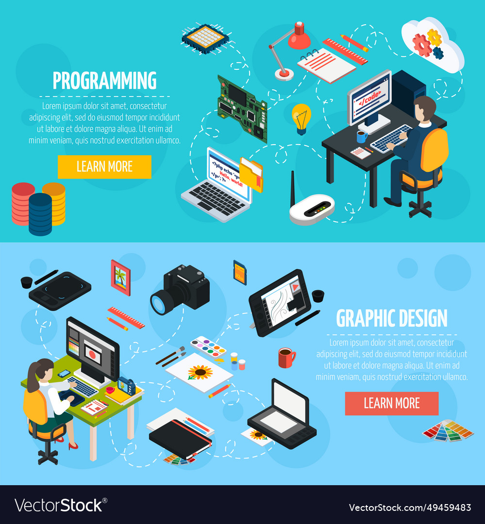 Programming and graphic design isometric banners Vector Image Programming and graphic design isometric banners