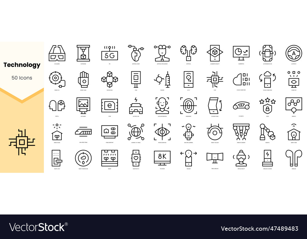 Set of technology icons simple line art style