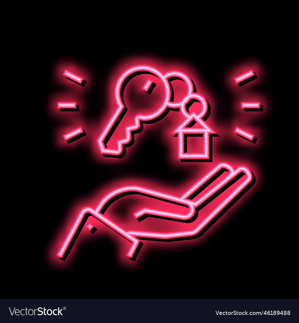 Hand holding house key neon glow icon