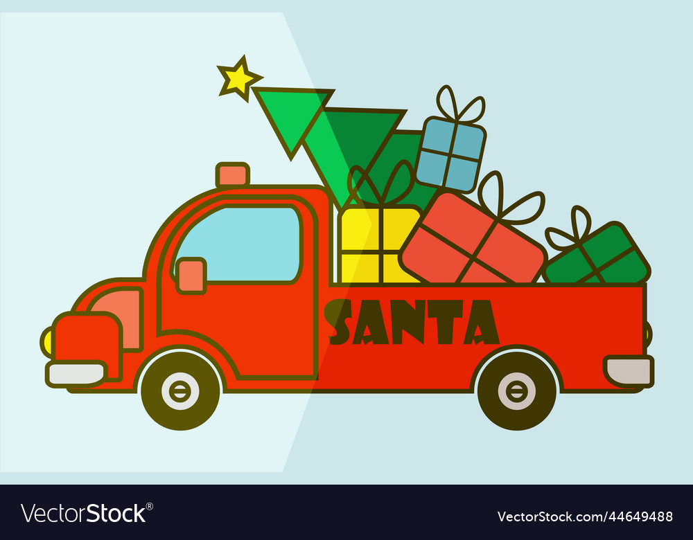 Red santas truck with presents and christmas tree vector image Red santas truck with presents and christmas tree