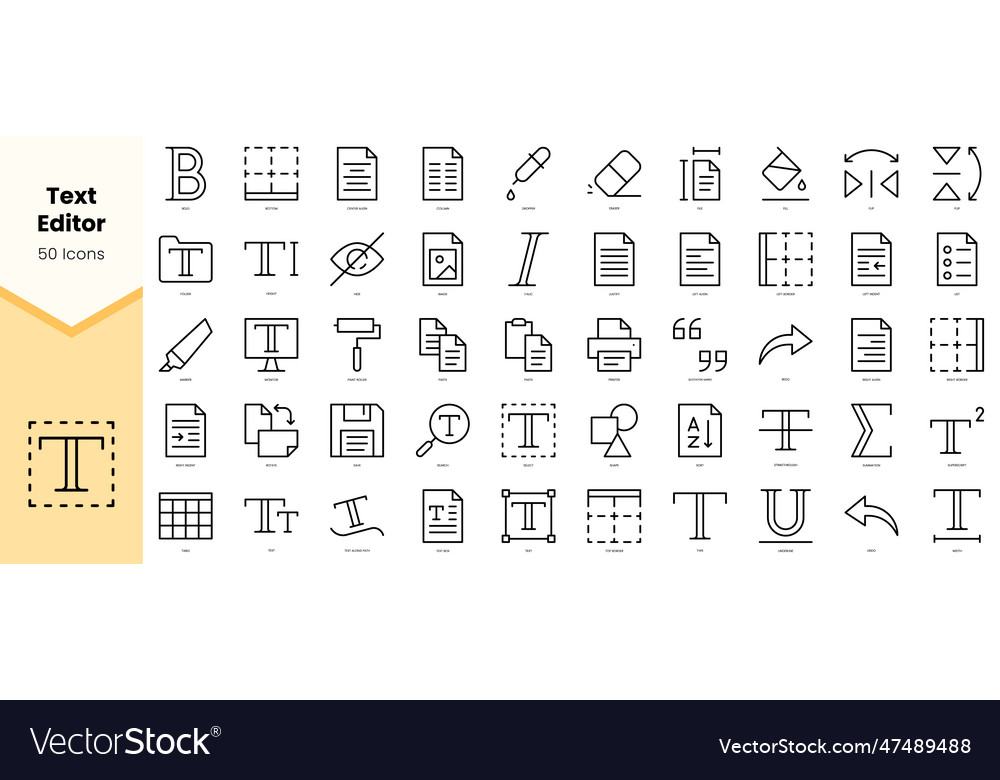 Set of text editor icons simple line art style vector image Set of text editor icons simple line art style