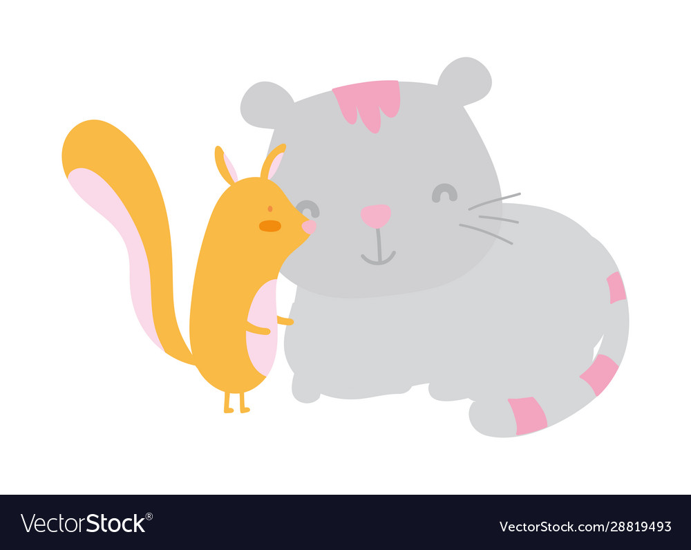 Cute little squirrel and gray cat catoon animals