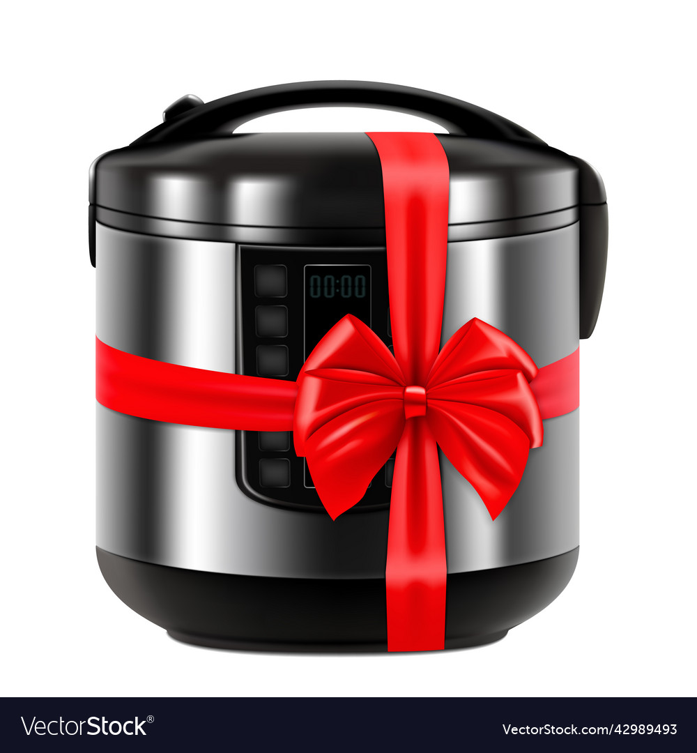 Multicooker with red ribbon and bow 3d rendering vector image Multicooker with red ribbon and bow 3d rendering
