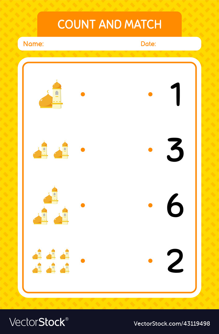 Count and match game with mosque worksheet vector image Count and match game with mosque worksheet