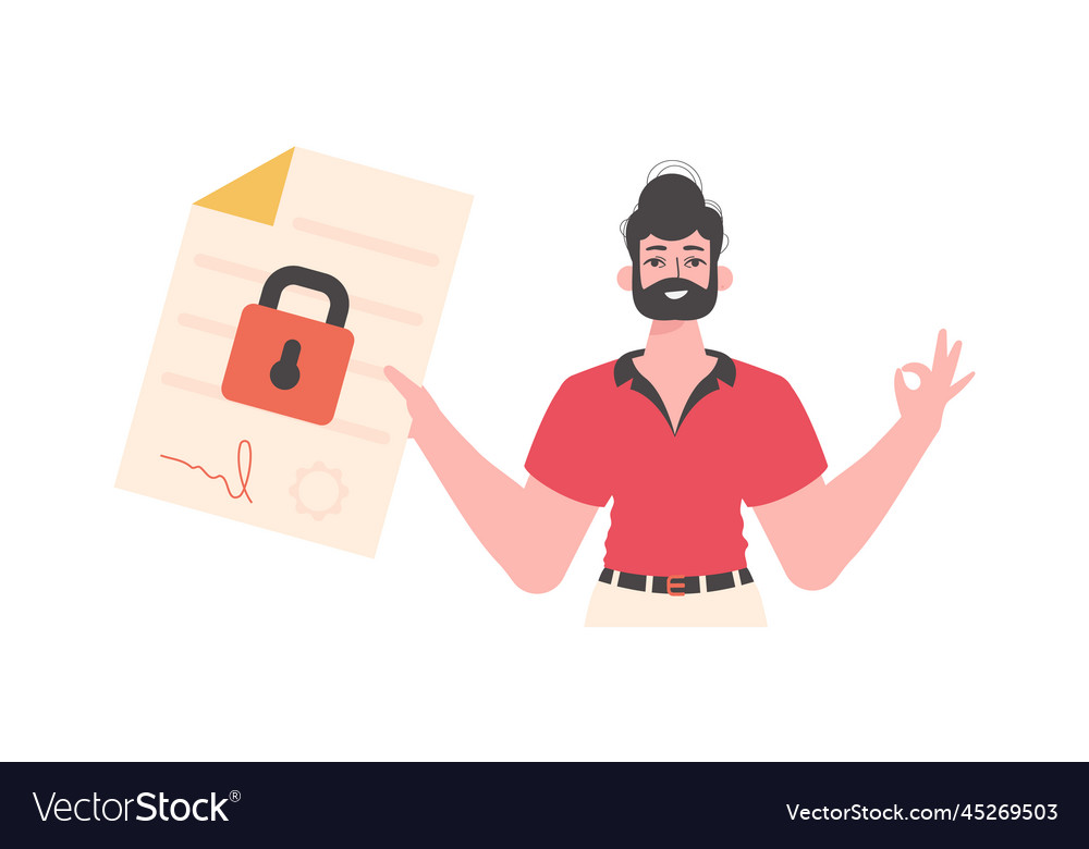 Man is holding a document smart contract data vector image Man is holding a document smart contract data