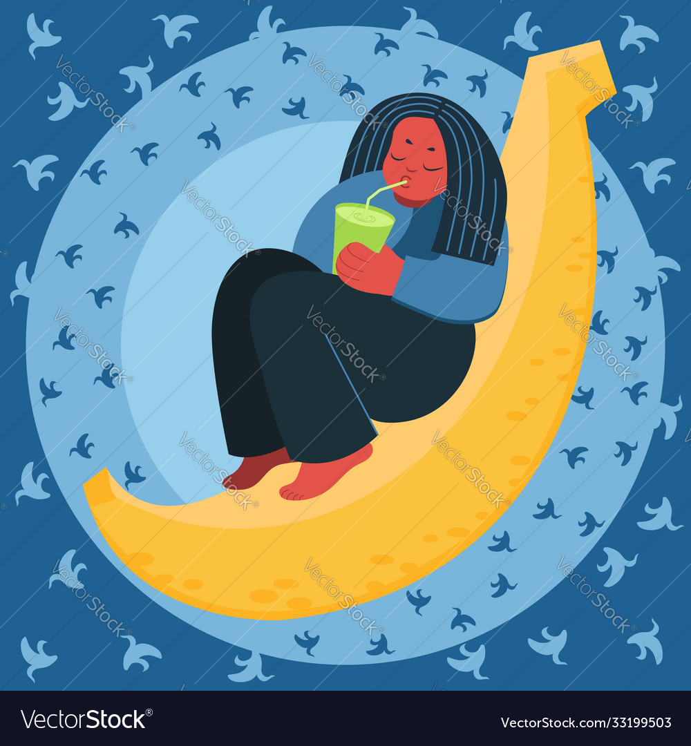 Young woman sitting on big banana
