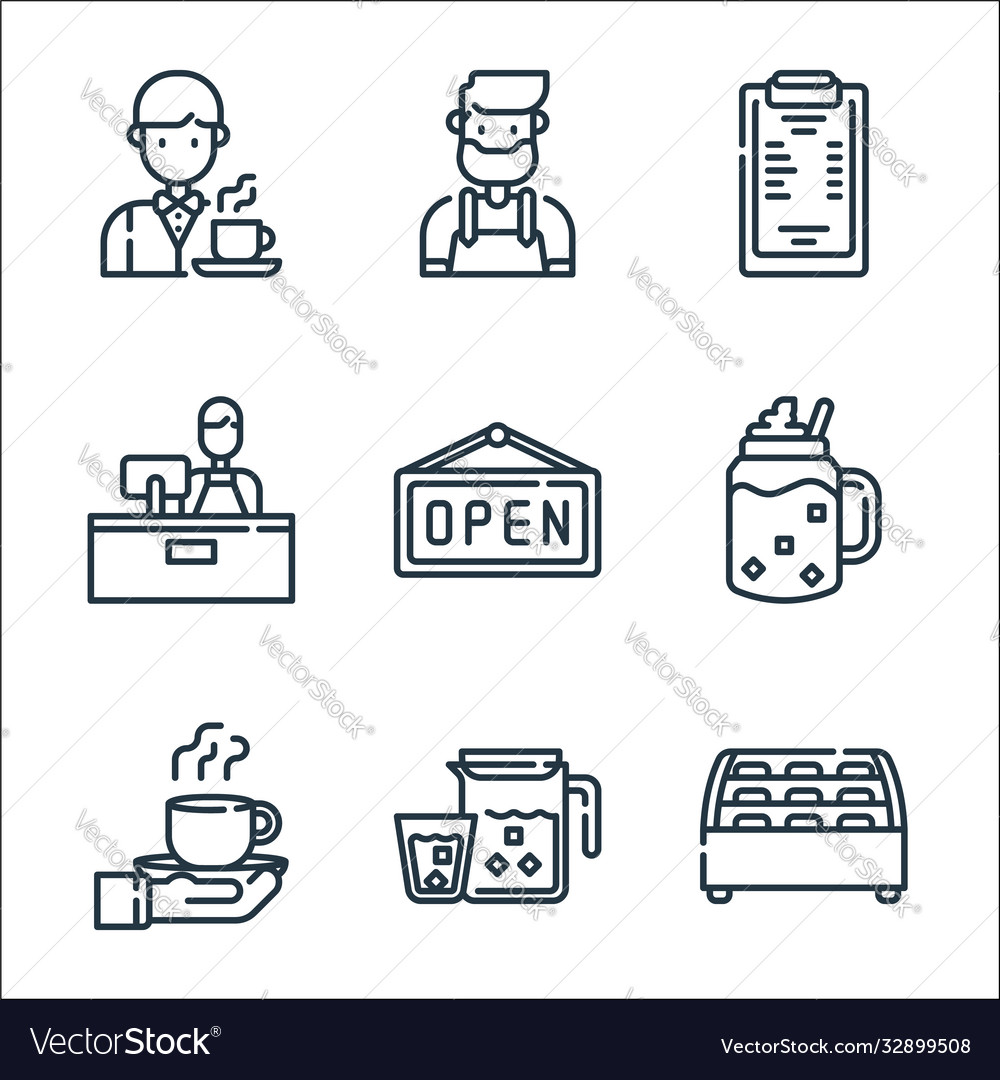 Cafe line icons linear set quality vector image Cafe line icons linear set quality