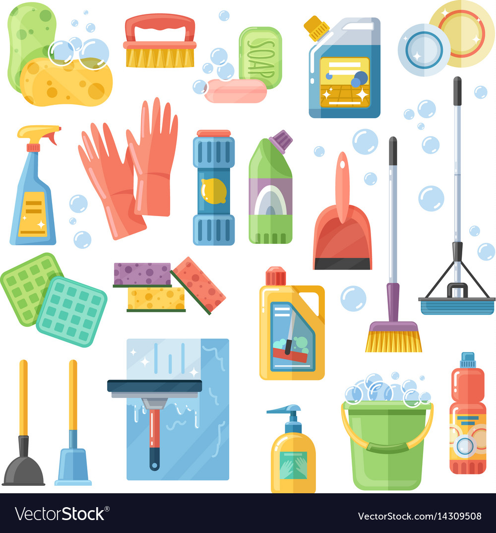 Cleaning suppliestools flat icons set Royalty Free Vector