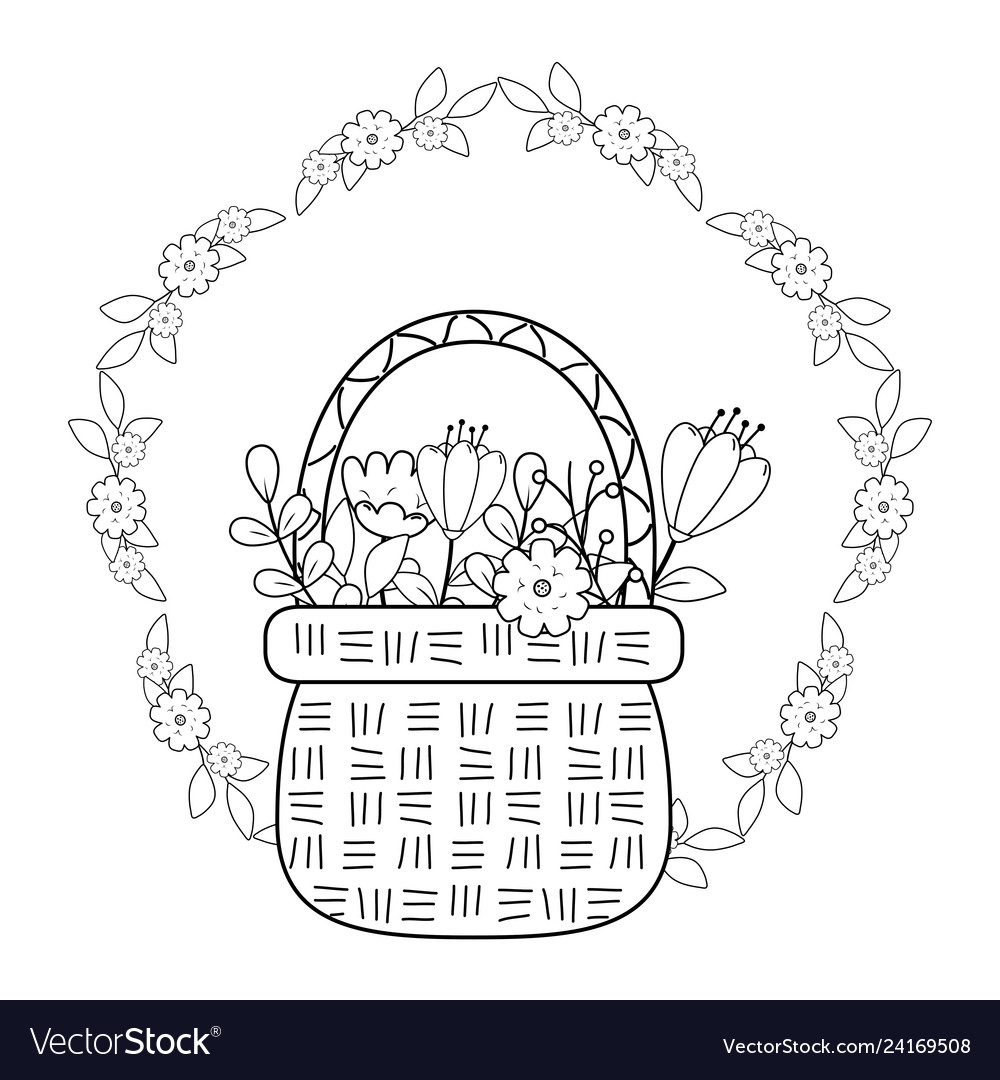 Cute basket straw with flowers garden and crown Vector Image