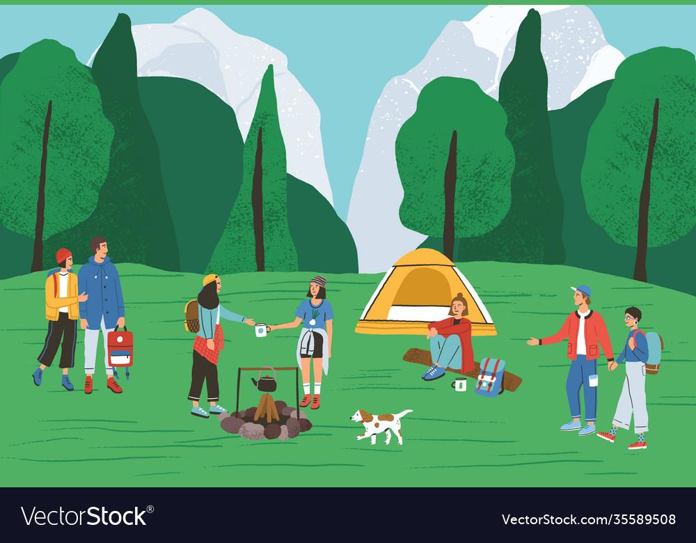 Group active people spending time at camping in Vector Image