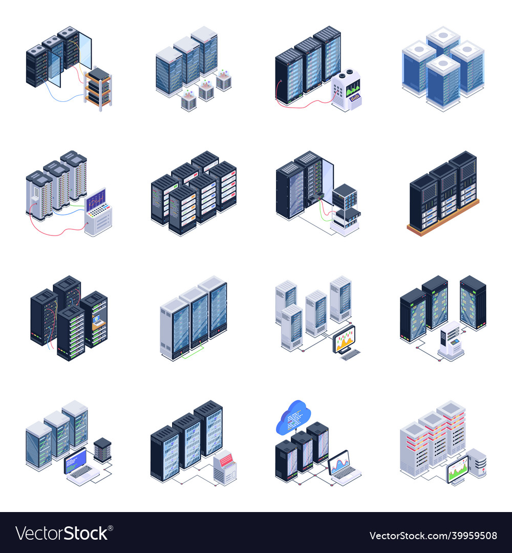 Isometric icons of server room in modern style des