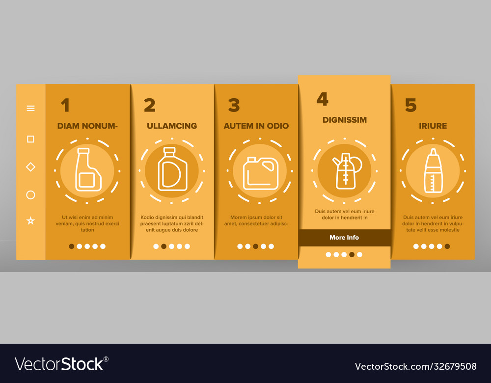 Oil bottle package onboarding icons set