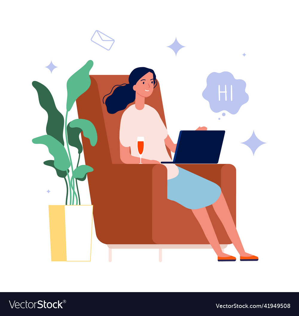 Online chat woman with wine glass and laptop