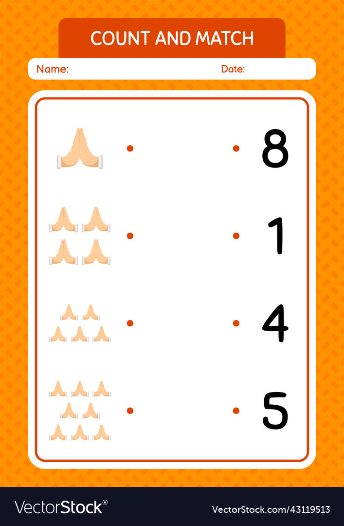 Count and match game with praying worksheet vector image Count and match game with praying worksheet