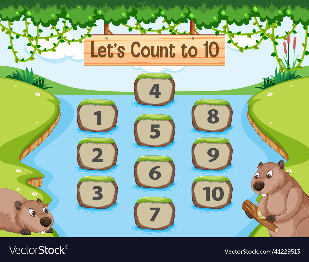Forest scene with lets count to 10 game template vector image Forest scene with lets count to 10 game template