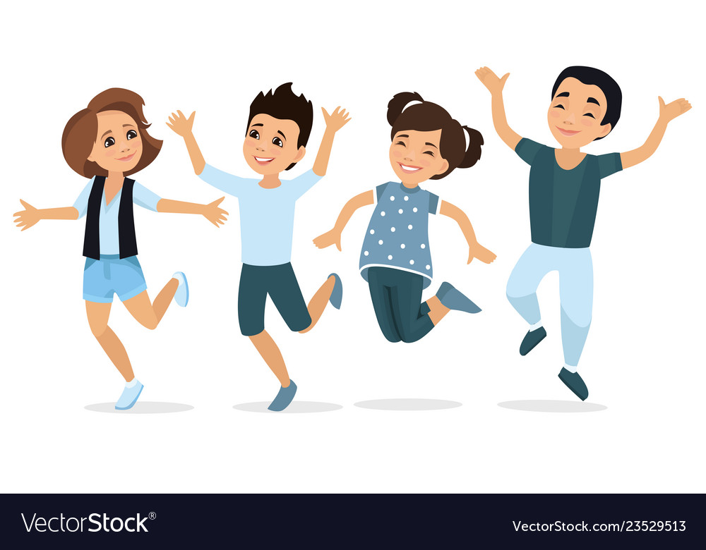 Happy school multiracial children joyfully jumping