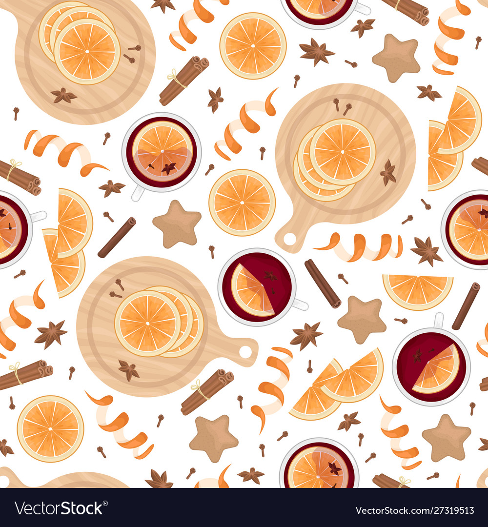 Seamless pattern with mulled wine orange slices