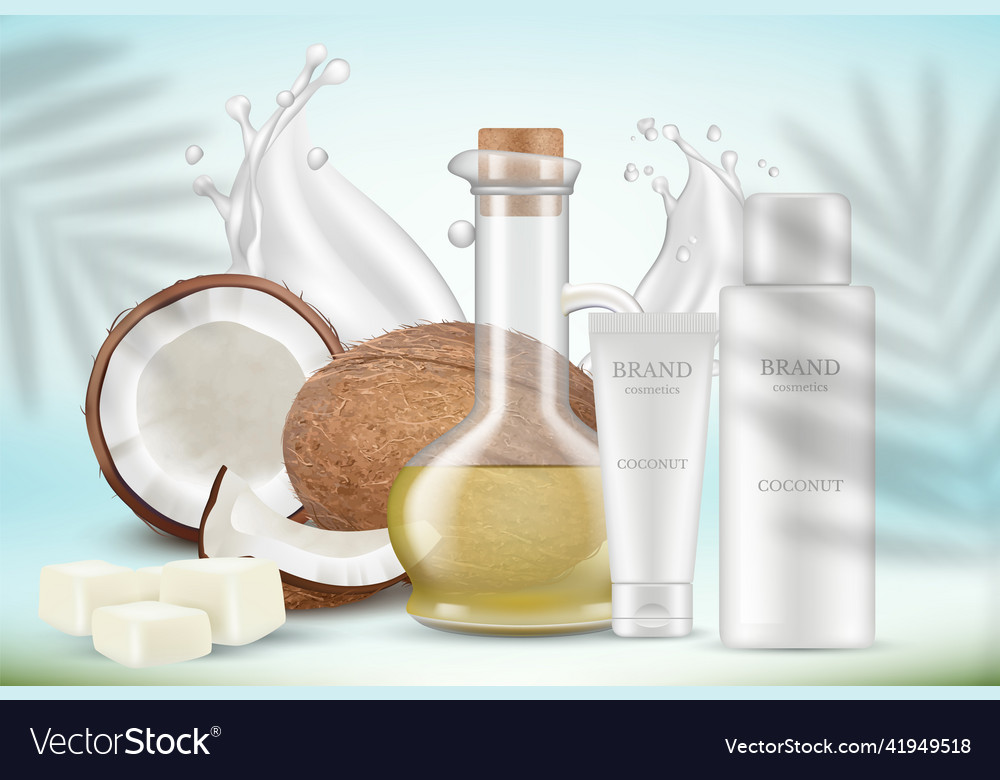 Coconut cosmetics oil cream tubes and palm leaves Vector Image