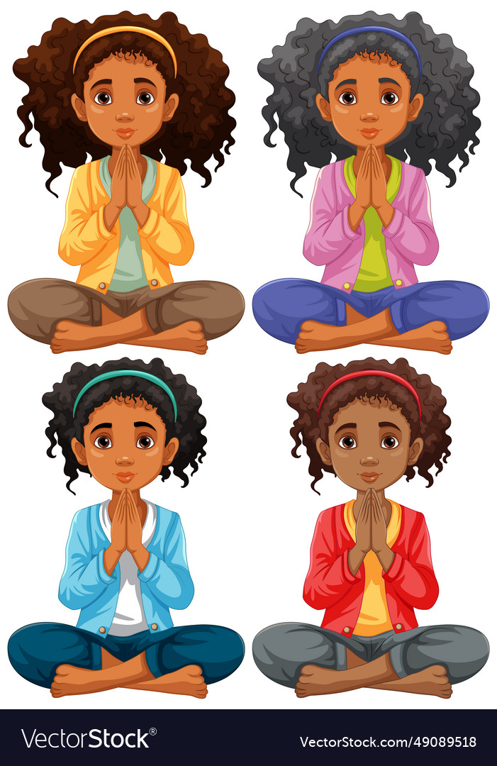 Curly-haired woman meditating in different outfits