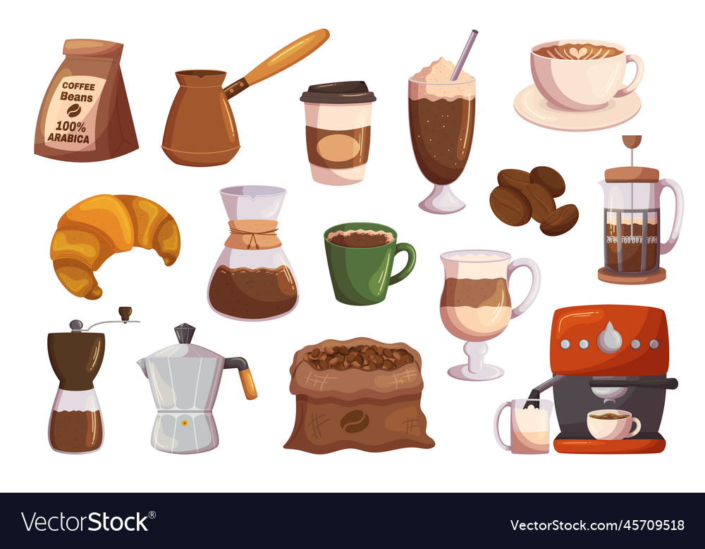 Set of coffee themed icons beans package cezve Vector Image