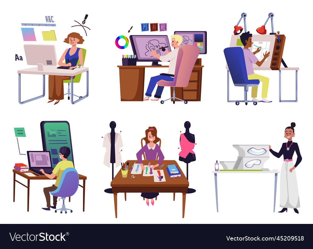 Set of working designer characters from different