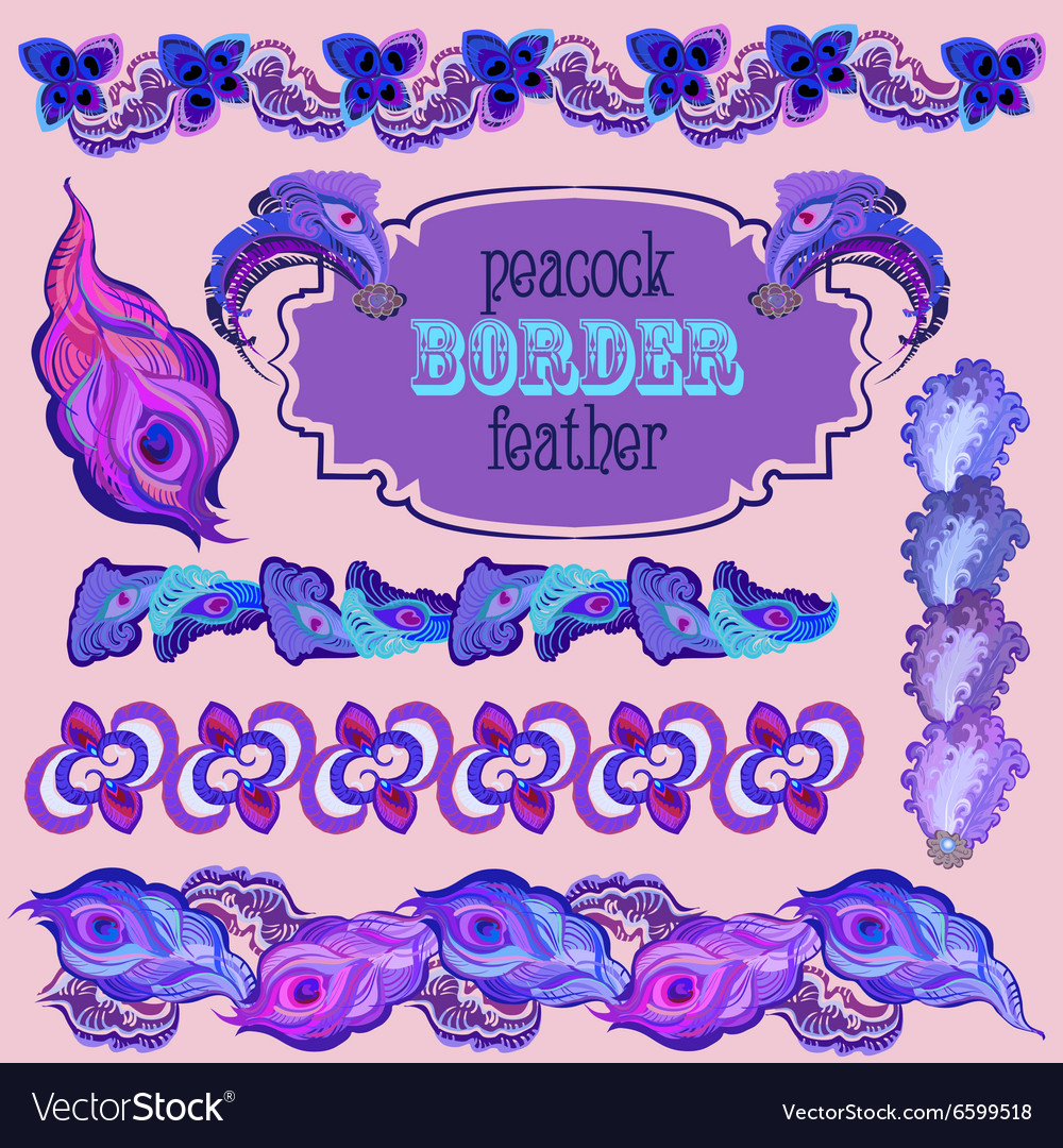 Violet peacock feathers border elements set