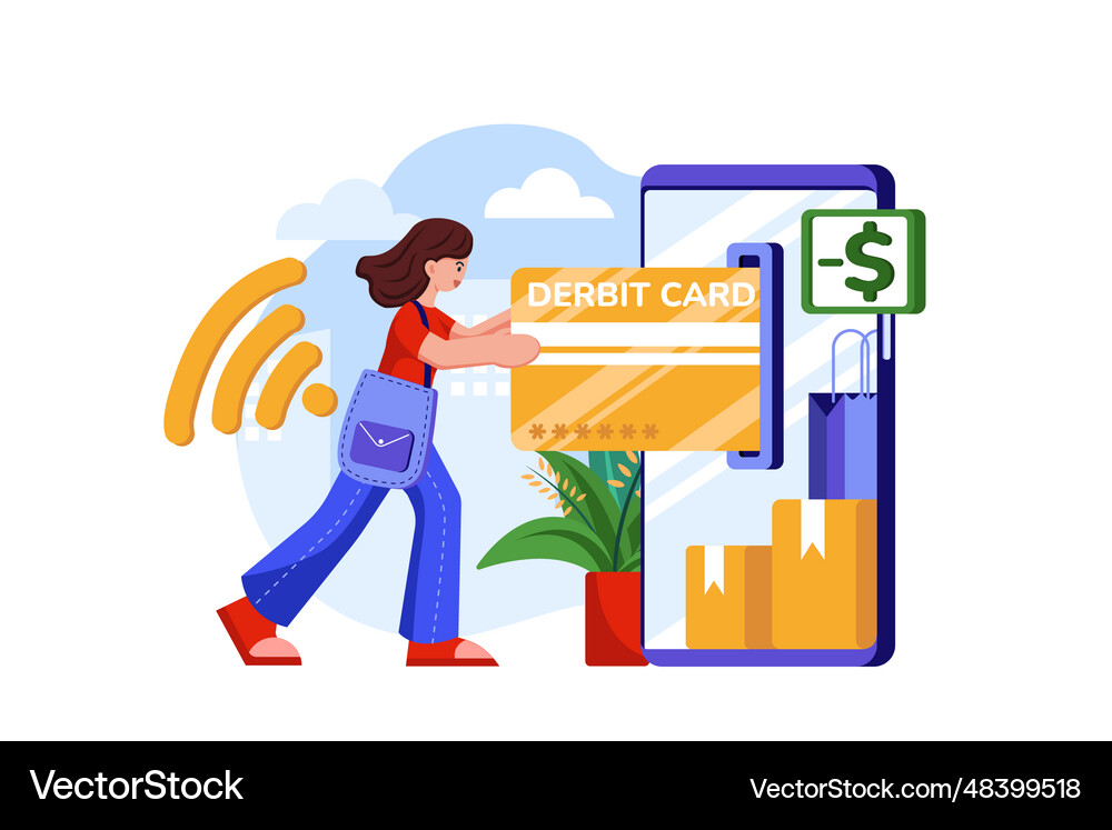 Woman Paying Online Through Debit Card Royalty Free Vector