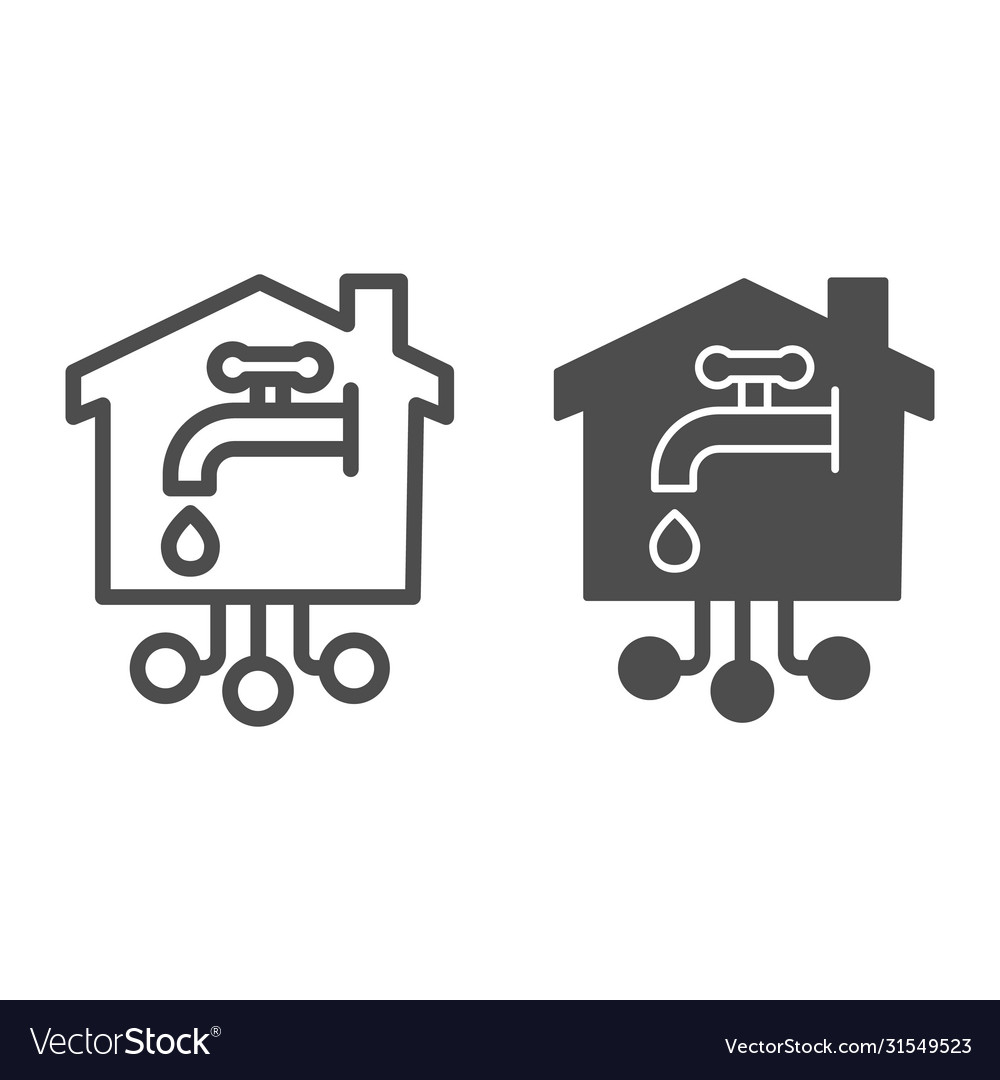 Faucet with drop in building line and solid icon vector image Faucet with drop in building line and solid icon