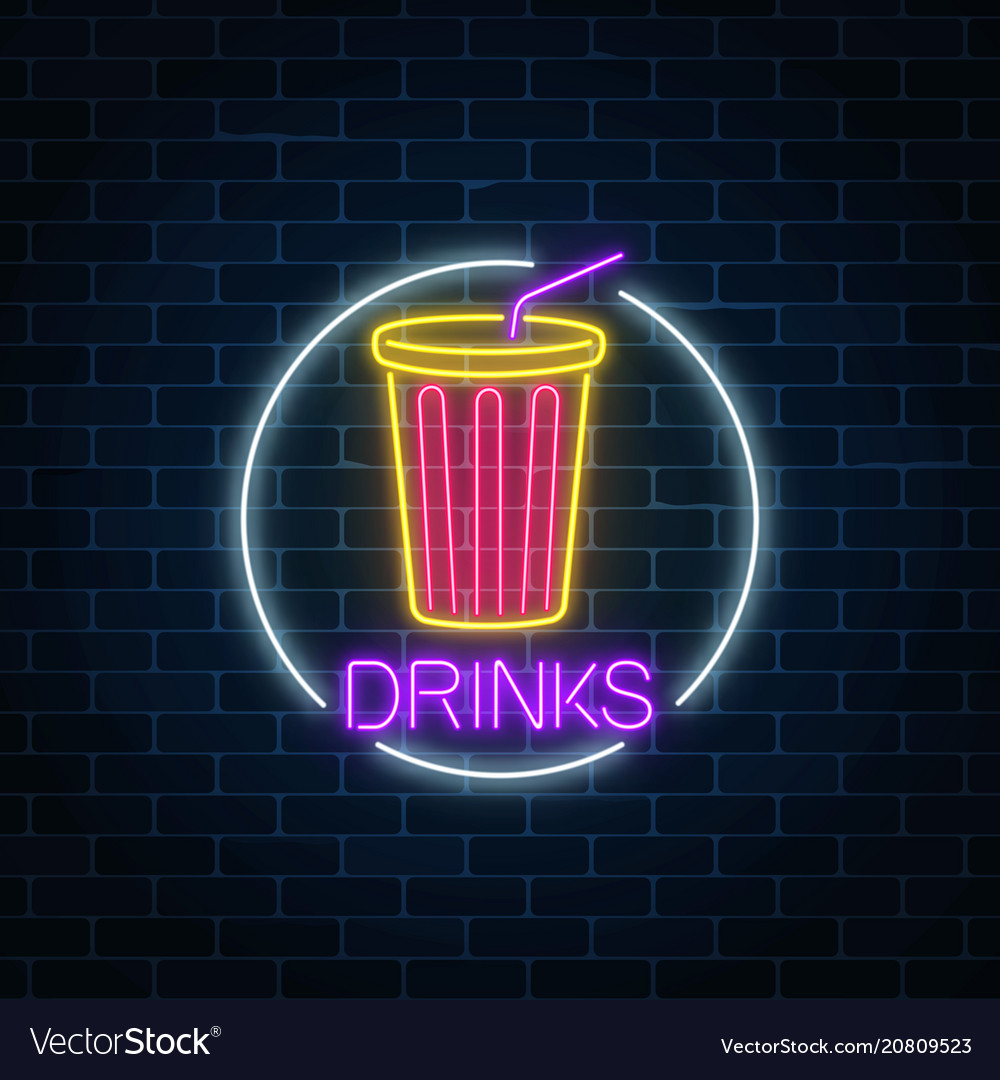 Neon glowing sign of cold soda drink in circle