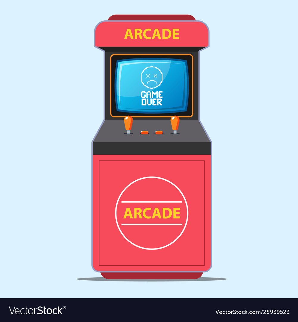 Red arcade game machine over screen caption