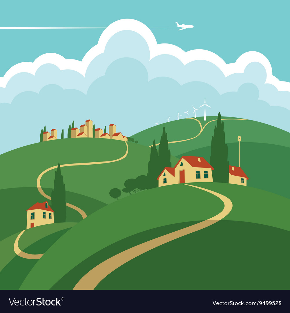 Landscape with hills roads and settlements Vector Image