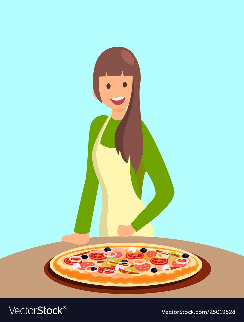 Restaurant female chef offering pizza vector image Restaurant female chef offering pizza