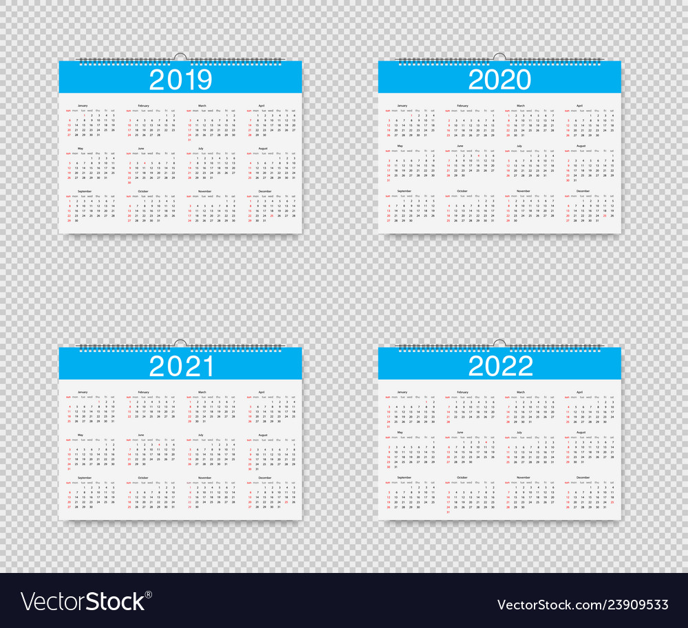 Calendar 2019 2020 2021 and 2022 years Royalty Free Vector