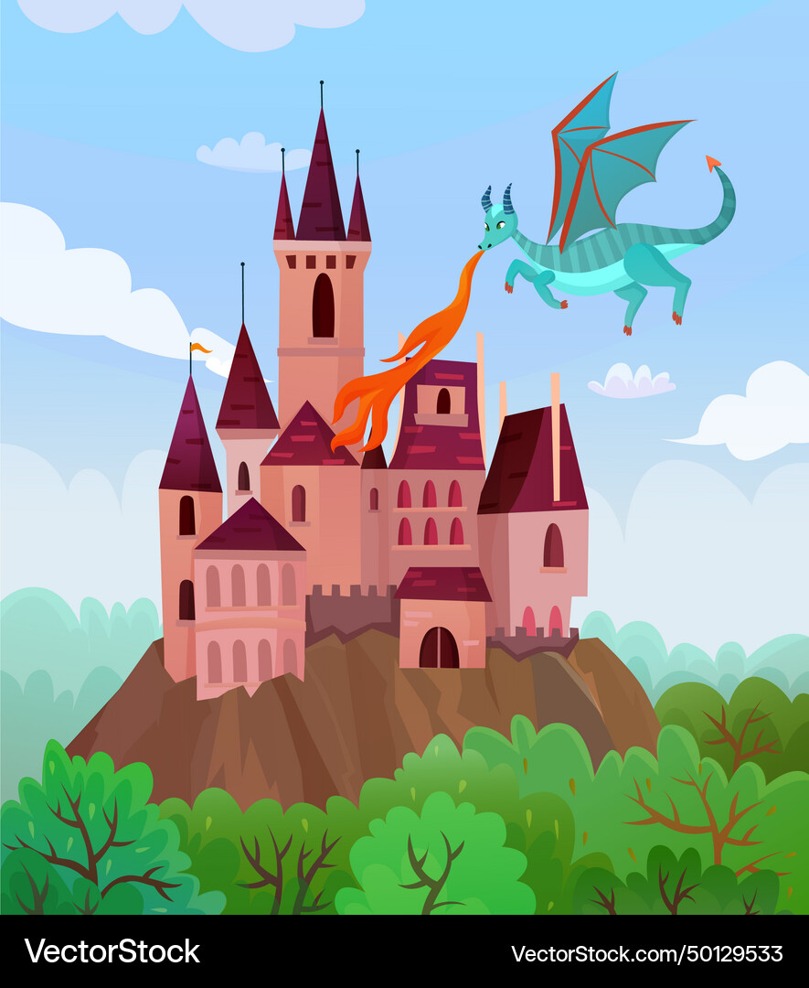 Flying dragon castle composition Royalty Free Vector Image