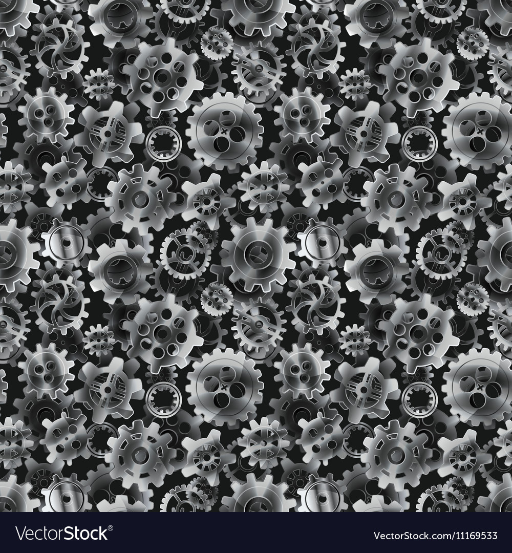 Glossy metal cogwheels on black seamless pattern