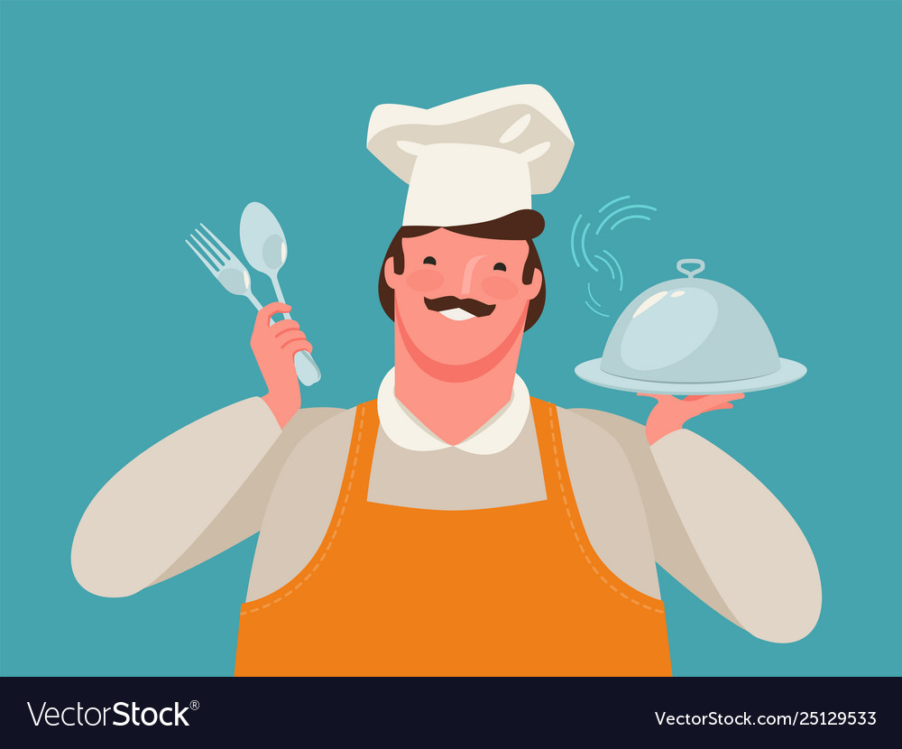 Happy chef holding a tray food restaurant Vector Image