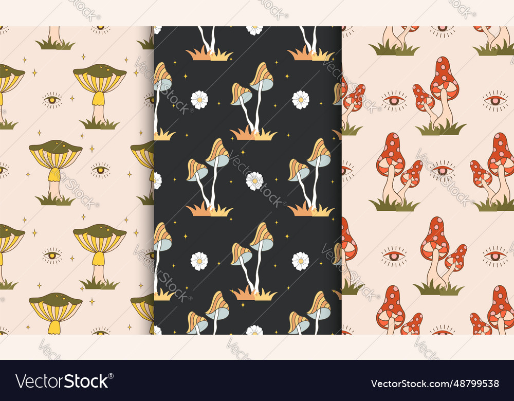 Collection of patterns with groovy mushrooms