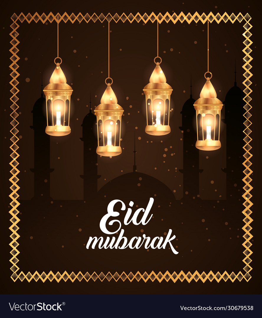 Eid mubarak poster with lanterns hanging Vector Image