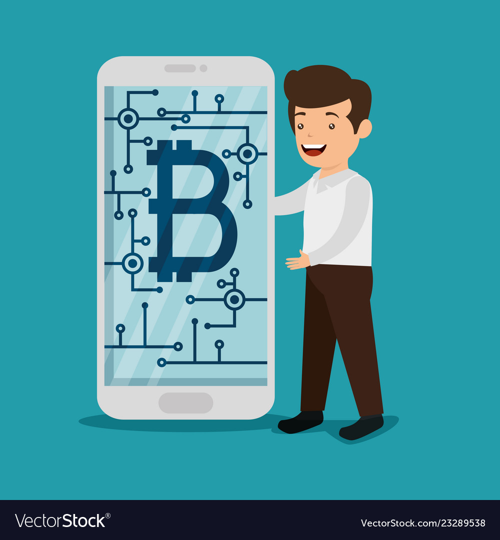 Man with computer electronic bitcoin currency vector image Man with computer electronic bitcoin currency
